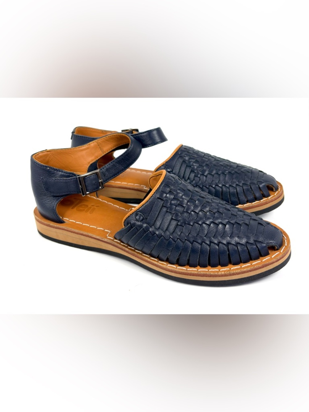 Otei Navy Woven Leather Huarache Sandals Ankle Strap Boho EUC Size 8